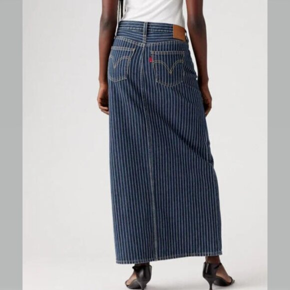 Levi's Premium Ankle Column Denim Skirt Striped Partly Masked Dark Wash NWT - Picture 3 of 12